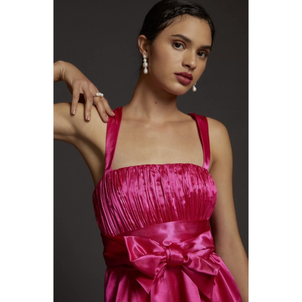 Anthropologie Maeve Hot Pink Satin Mini Dress With Bow NWT - Picture 2 of 15